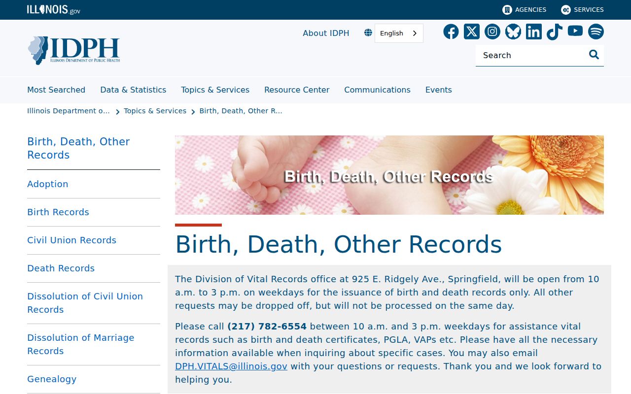 Illinois vital records page used for Pekin resident research