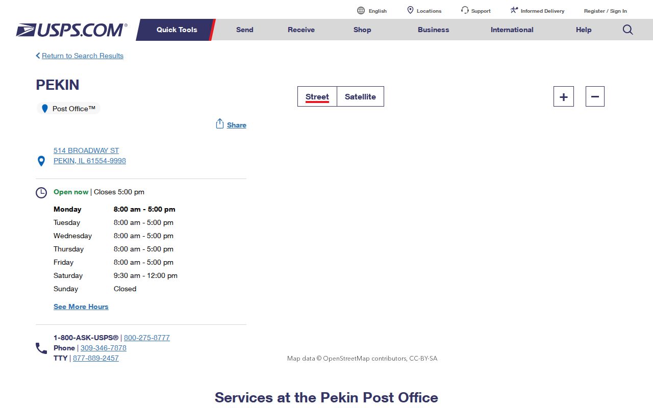 Pekin ZIP code directory view of the USPS Pekin Post Office